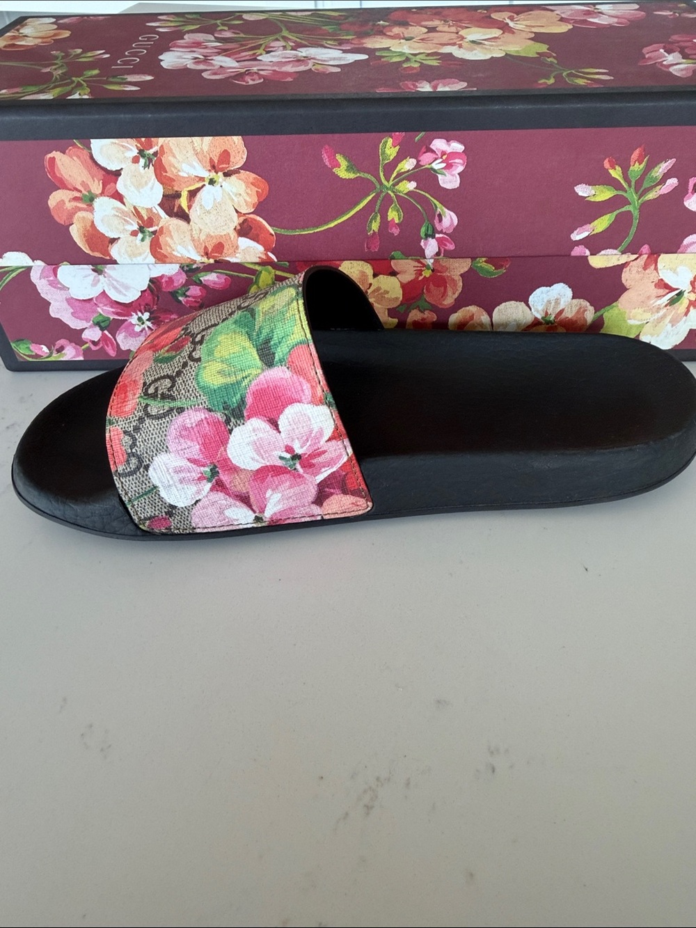 Real Gucci Floral GG Canvas Slide Sandals - Pink, Green - Picture 6 of 8